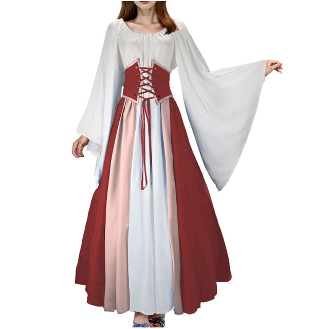 Besolor Robe Rétro Médiévale Renaissance pour Femmes Manches Évasées Corset Robe Longue Cosplay Fête Halloween