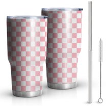 30oz Pink and White Checkerboard Pattern Tumblers Stainless Steel Tumbler with Lid and Straw,Vacuum Insulated Double Wall Travel Tumbler Cups Mug with Cleaning Brush for Coffee,Tea