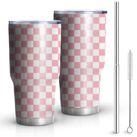 30oz Pink and White Checkerboard Pattern Tumblers Stainless Steel Tumbler with Lid and Straw,Vacuum Insulated Double Wall Travel Tumbler Cups Mug with Cleaning Brush for Coffee,Tea