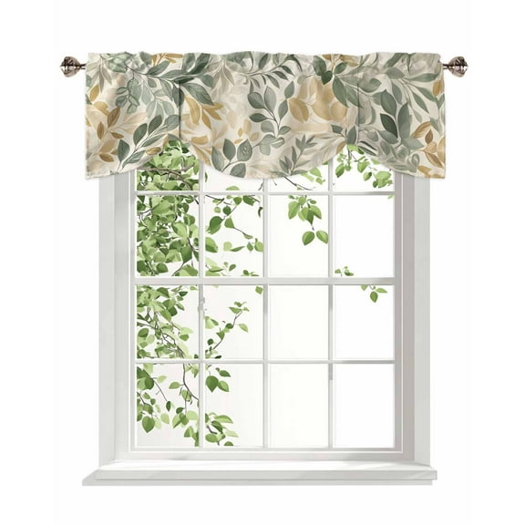 Tie Up Valance Curtain for Kitchen, Sage Green Leaf Spring Plant Rod Pocket Short Curtains Adjustable Tie-Up Shade Valances, Country Leaves Seamless Window Treatment for Bathroom Bedroom 54x18in