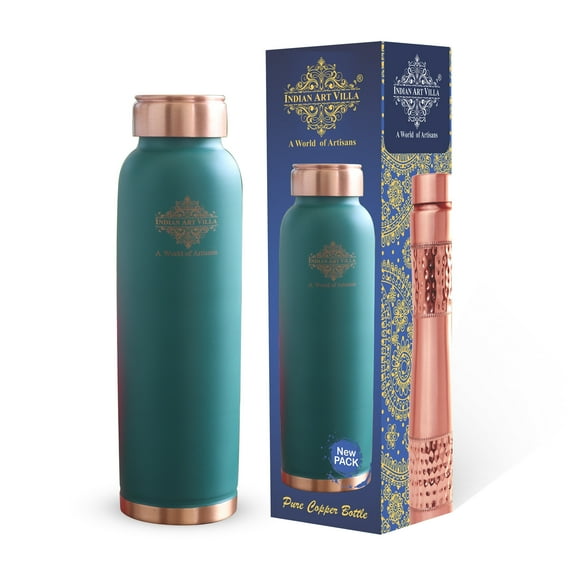 Indian Art Villa Handcrafted Copper Lacquer Coated Silk Finish Ergonomic Design Bottle, Turquoise, Drinkware 30.4 oz