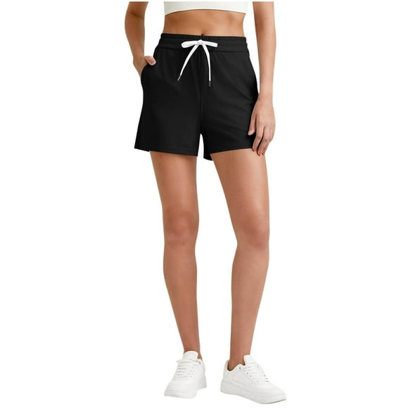 Women's Ribber Knit Shorts, Loose Casual Loungewear Summer Short Pants, Drawstring Elastic Waist Stretchy Comfy Beach Shorts with Pockets Black L
