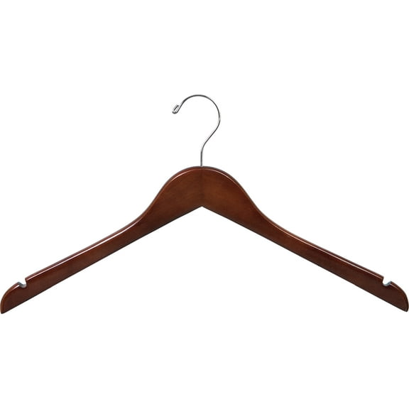 Wooden Top Hanger with Walnut Finish, (Box of 8) Space Saving 17 Inch Flat Hangers with Chrome Swivel Hook & Notches for Hanging Straps