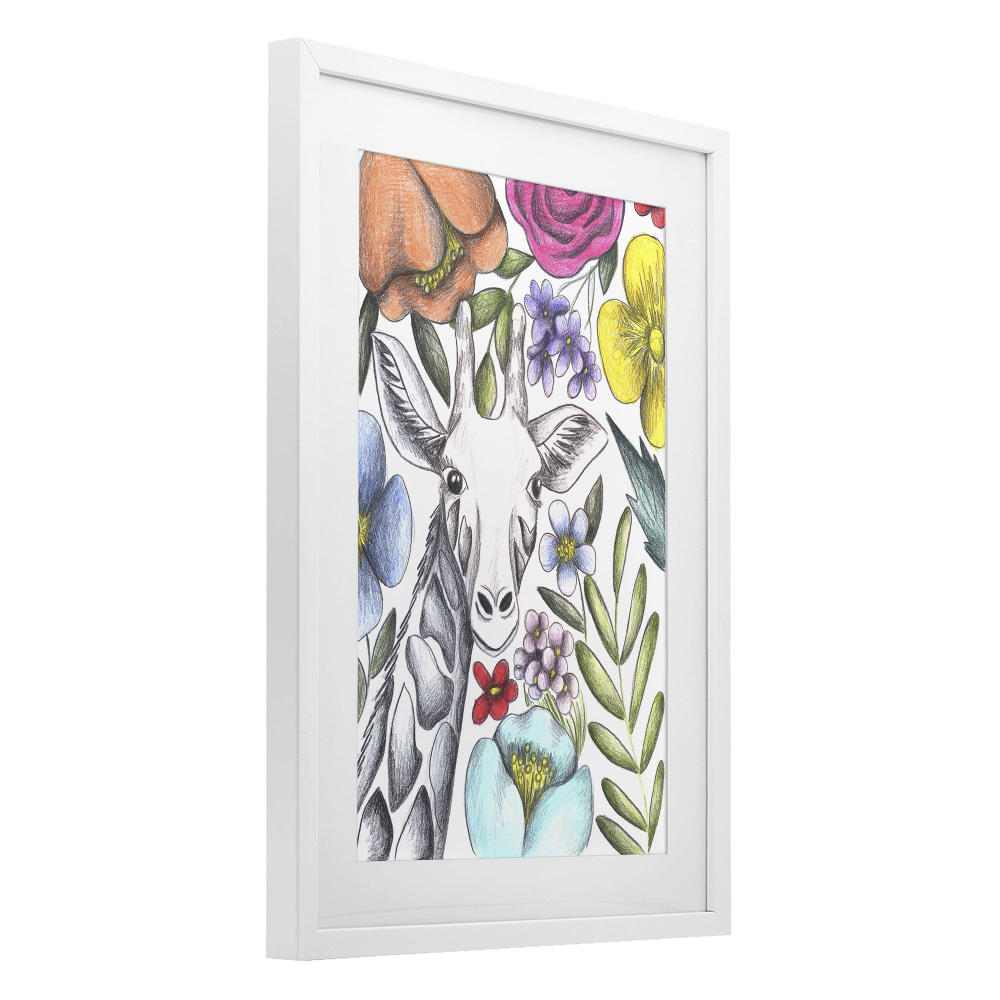 Giraffe In The Midst of Flowers White Framed Print Under Glass, design by Cecilia Battaini
