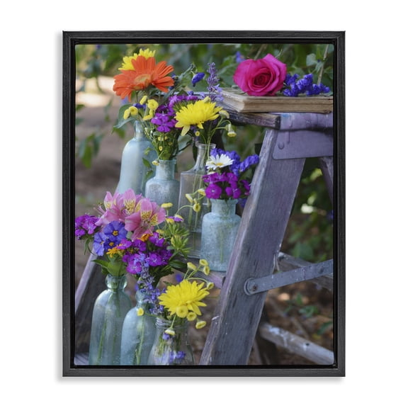 Stupell Industries Shabby Chic Florals on Country Ladder Black Floating Frame Canvas Art, 17 x 21, by Claire Brocato