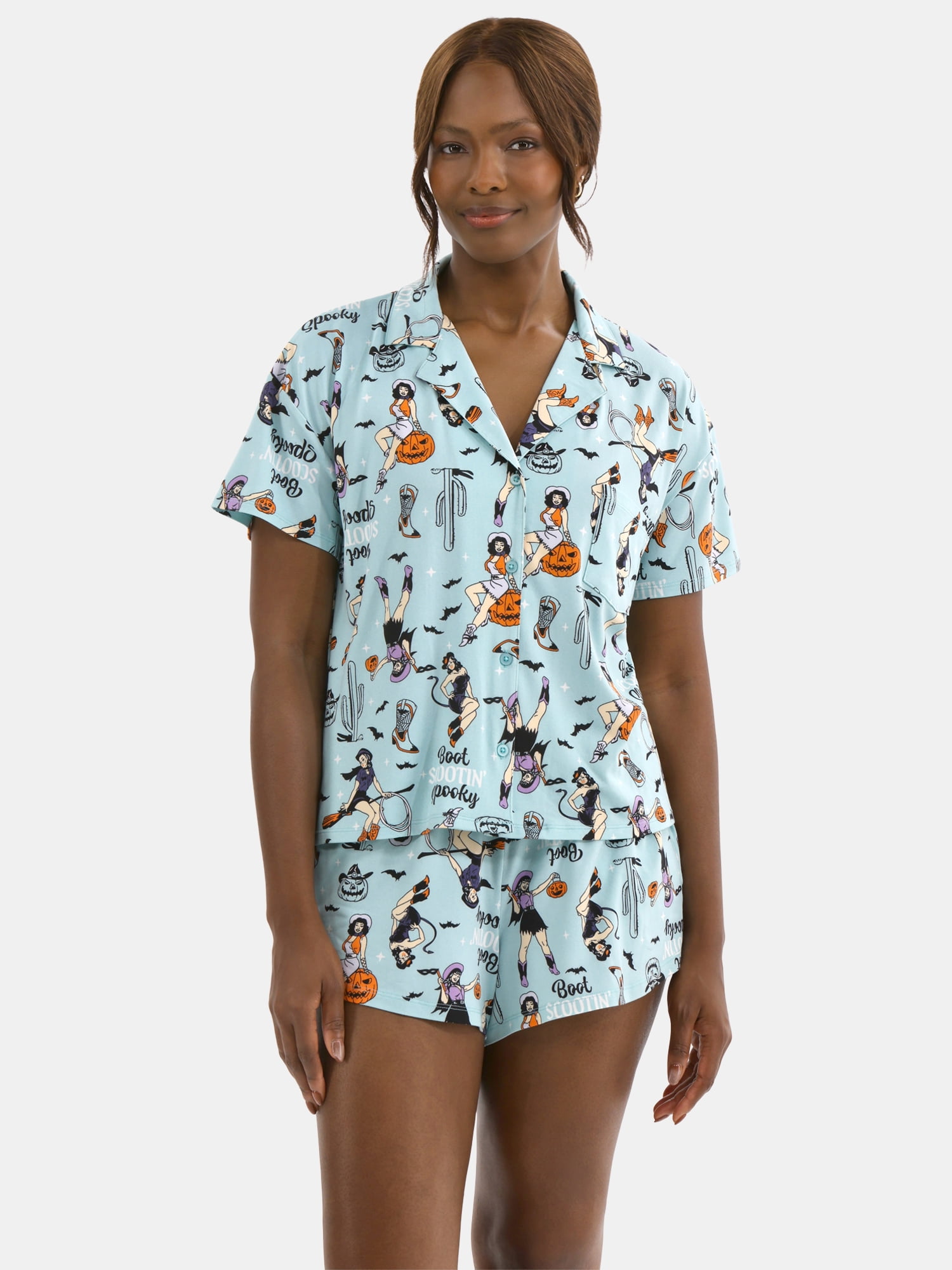 Halloween Women's Printed Notched Top and Shorts Pajama Set