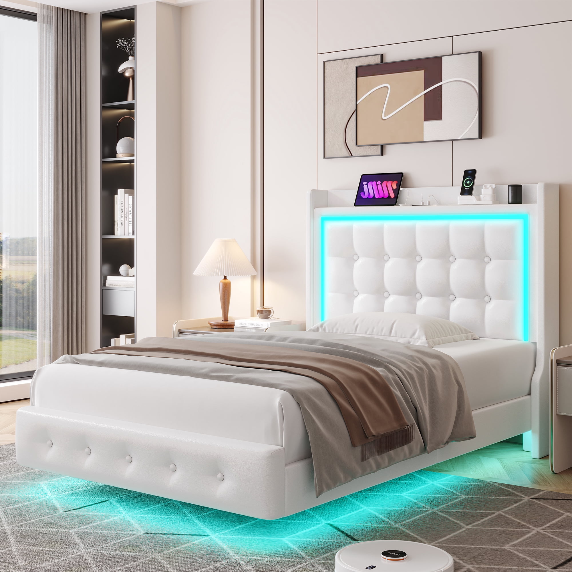 Homfa Twin Size Floating Bed with LED Lights Charging Station, Modern PU Upholstered Platform Bed with Storage Headboard, White