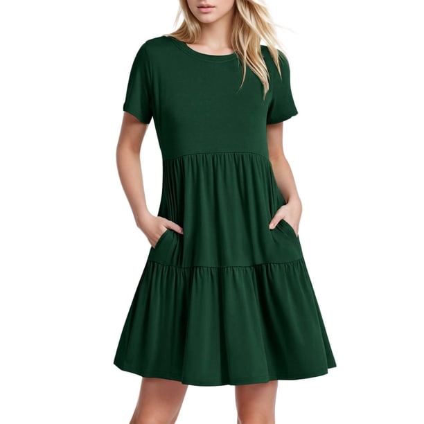 Vestido largo con volantes en colores lisos para mujer: manga corta, fluido, cómodo, versátil para fiestas/playa, tallas S-XXL.
