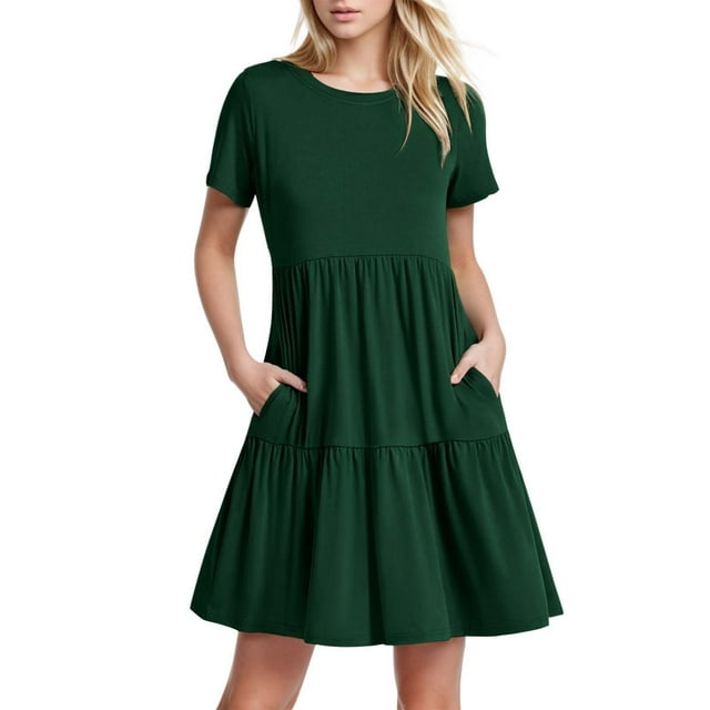 Women's Solid Color Ruffled Layered Maxi Dress - Short Sleeve, Flowy, Comfortable, Versatile for Party/Beach - S-XXL Sizes