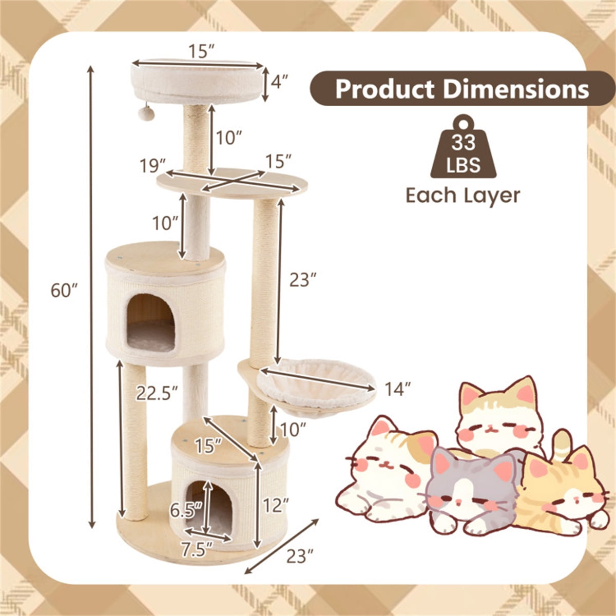 ZephyPaws 60in Tall Cat Tree for Indoor Cats,Wooden Cat Tree Tower with 2 Condo, Sisal Scratching Posts and Board,Top Perch and Basket,Beige