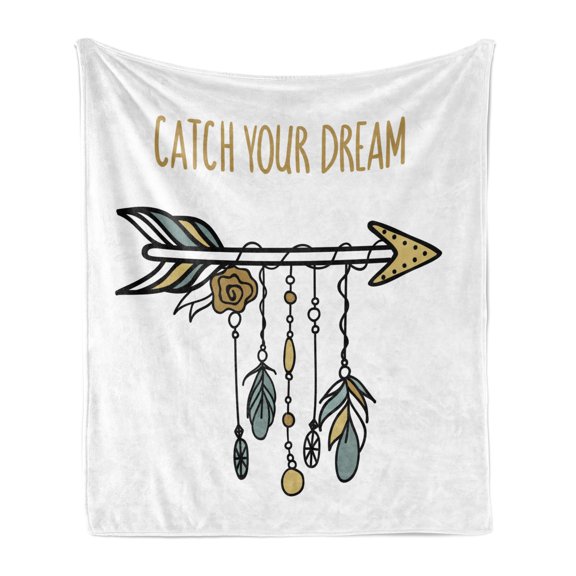 Dream Soft Flannel Fleece Throw Blanket, Tribal Arrow with Hanging Feathers Catch Your Dream Words Boho Style, Cozy Plush for Indoor and Outdoor Use, 60" x 80", Sand Brown Blue Grey, by Ambesonne