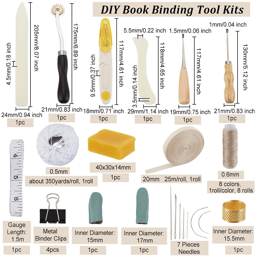 Book Binding Tool Kits Bookbinding Starter Tools Set with Needles Scissor Awl Tracing Wheel Tape Measure Thimble Cotton Threads Ribbon