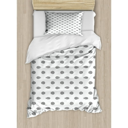 Nautical Duvet Cover Set Twin Size Doodle Style School Of Fish In