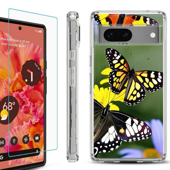 OneToughShield ® for Google Pixel 7a Shockproof Bumper Phone Case, with Tempered Glass Screen Protector - Butterfly/Flower
