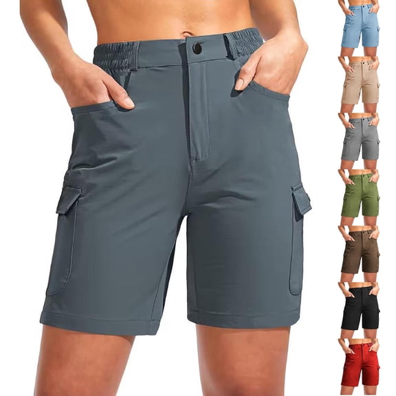 Women's Soft Fabric Casual Solid Color Shorts with Pockets, Elastic Waist, Workwear Multi-Pockets, Summer Outdoor Hiking Jogging Athletic Work, Womens | VerBelle,Black L