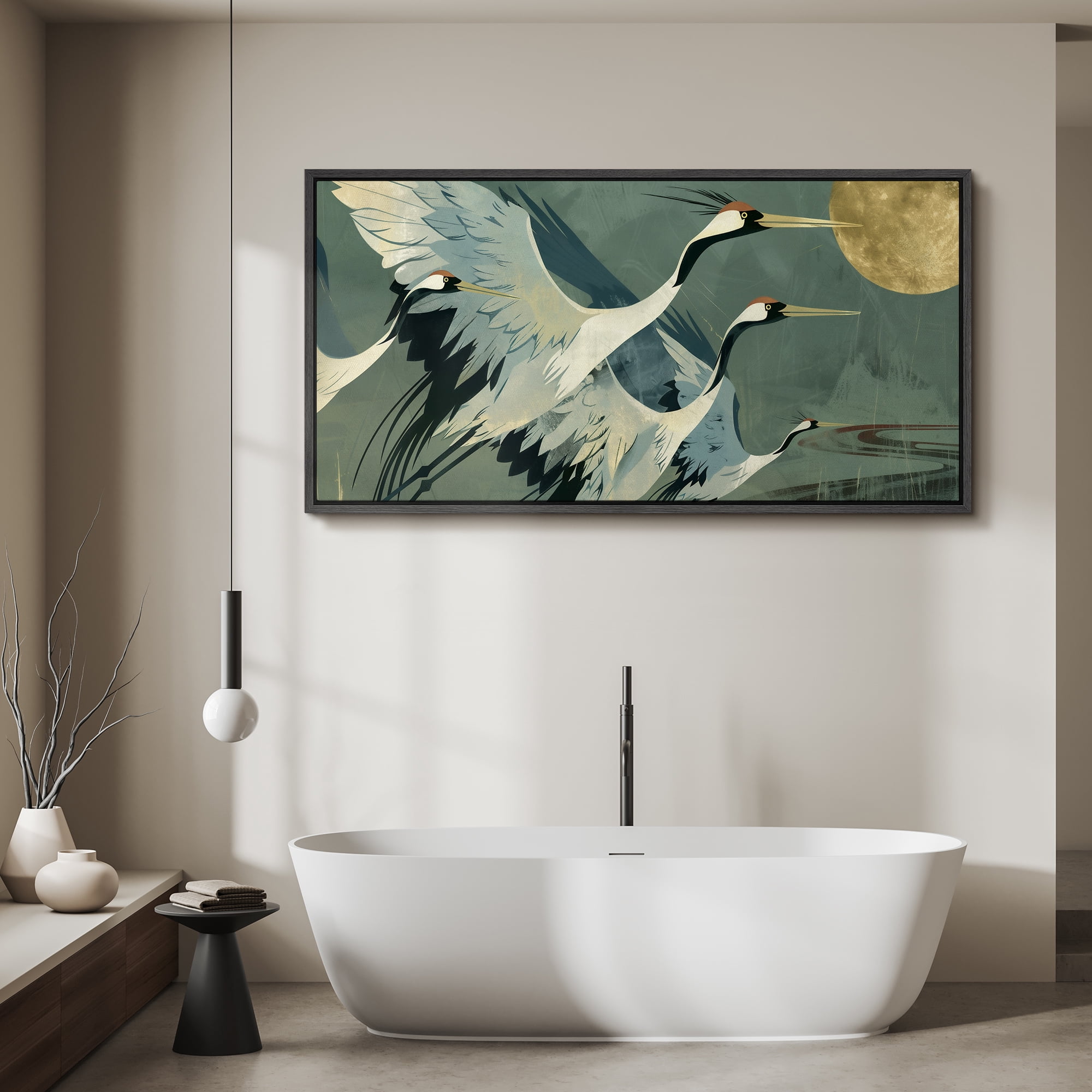 Large Framed Canvas Print Elegant Flying Cranes Under Full Moon - Japanese InspiredWall Art Decorative Ready to Hang Painting for Living room Bedroom 60x30 inches Black Frame