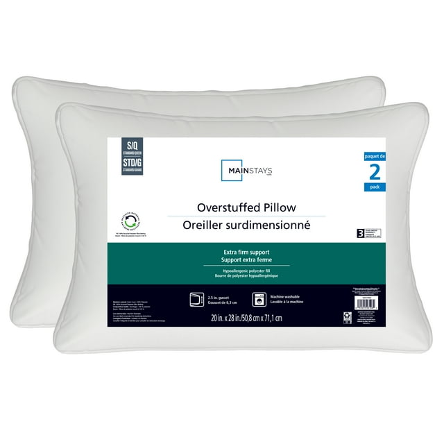Mainstays Overstuffed Extra Firm Support Bed Pillow S/Q- 2 Count