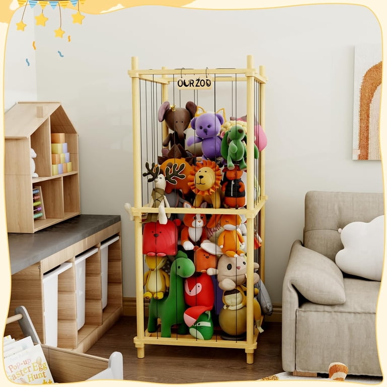 Wooden Plush Toy Storage Cage With Height Ruler & RGB Lights – Fun Zoo Organizer For Kids' Rooms