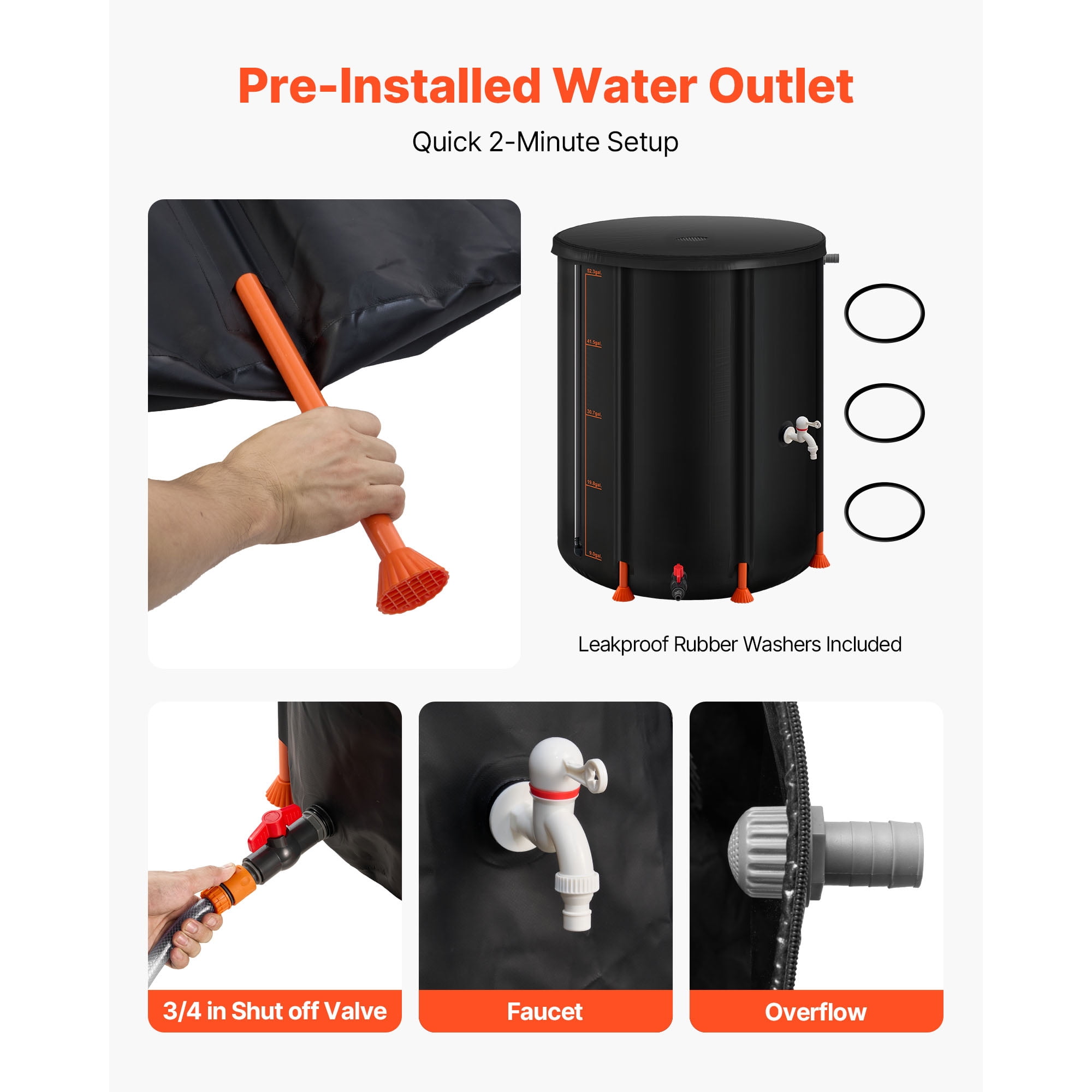 KFFKFF Collapsible Rain Barrel, 53 Gallon Portable Rainwater Collection System, Durable 1000D PVC Garden Water Storage Tank with Spigot and Overflow Kit, Black