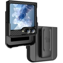 Rizz Case and Belt Clip Combo for Samsung Galaxy Z Flip 6 Phone, Nakedcellphone Rugged Hybrid Cover [with Hidden Hinge Panel Protection] and Holster Holder for Z Flip6  - Black Carbon Fiber Design