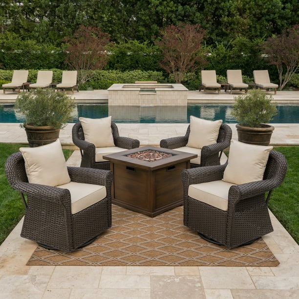 Venturi Outdoor 5 Piece Wicker Swivel Club Chairs with Gas Fire Pit