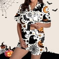 thumbnail image 2 of Xmyrz Womens Pajama Sets 2Pc Pumpkin Ghost Print Button Up Shorts Set Casual Halloween Silk Satin Short Sleeve Sleepwear Pj Clothes Sets, 2 of 7