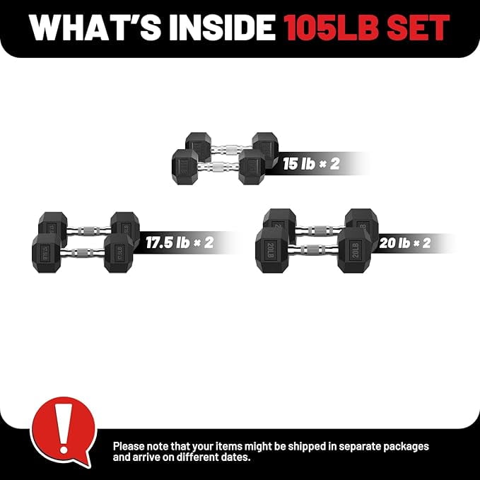 ROALW HEX Dumbbell 105lb Set B, Rubber Encased Home Gym Dumbbells, Exercise & Fitness Weights Dumbbells for Women & Men, Hand Weight for Strength Training
