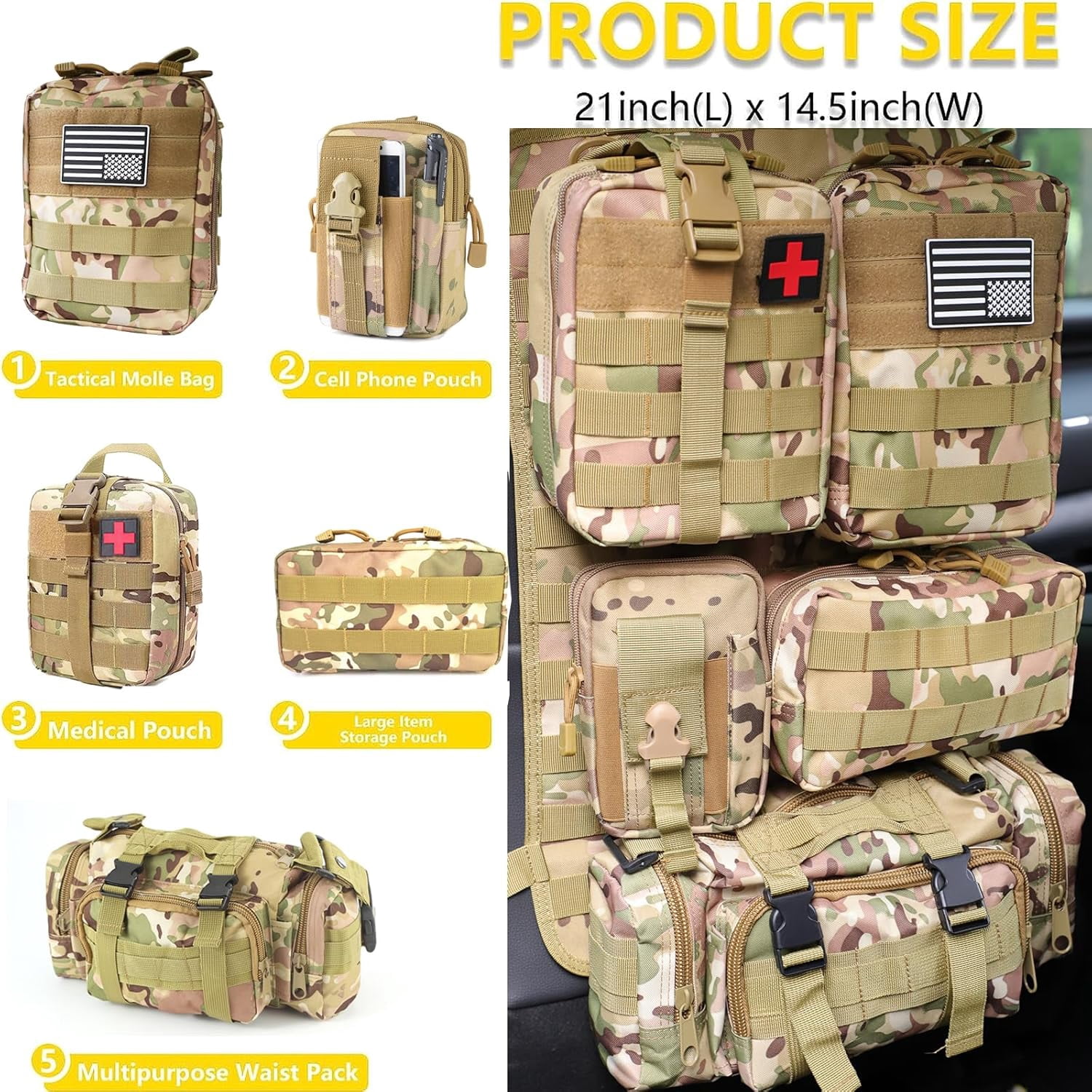 Universal Tactical Car Seat Back Organizer Bag Tactical Molle Vehicle Organizers Panel Vehicle Protector Organizers with 5 Detachable Pouches for Car Truck Ford Jeep (CP camo)