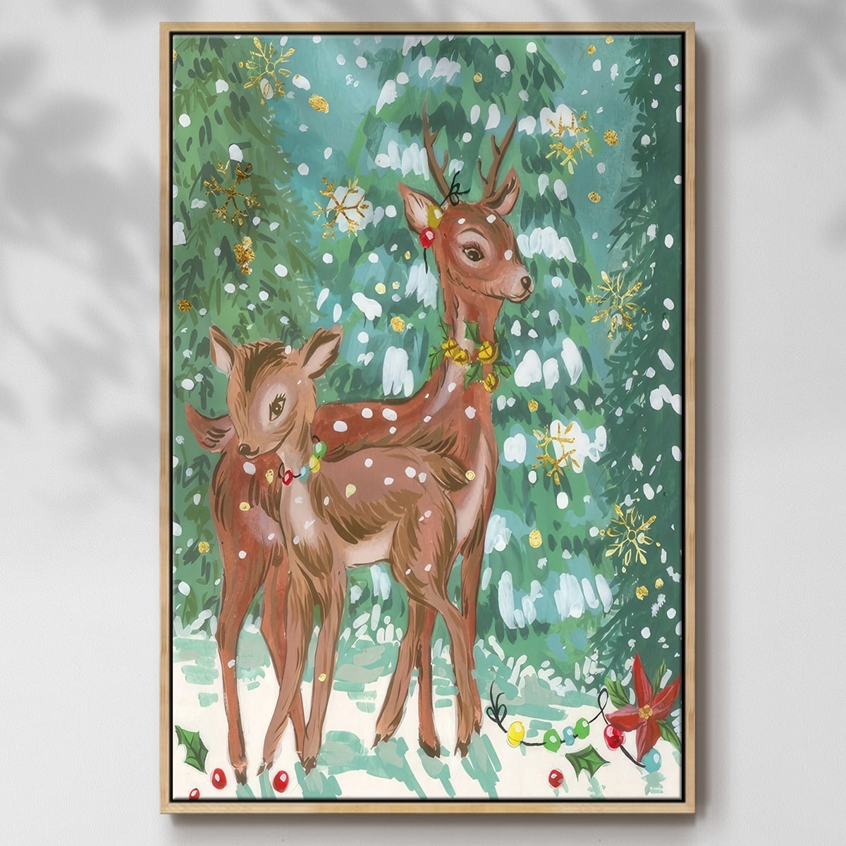 Doe and Fawn II - Framed Gallery Wrapped Holiday Canvas - 17 x 25 - Natural Wood Frame