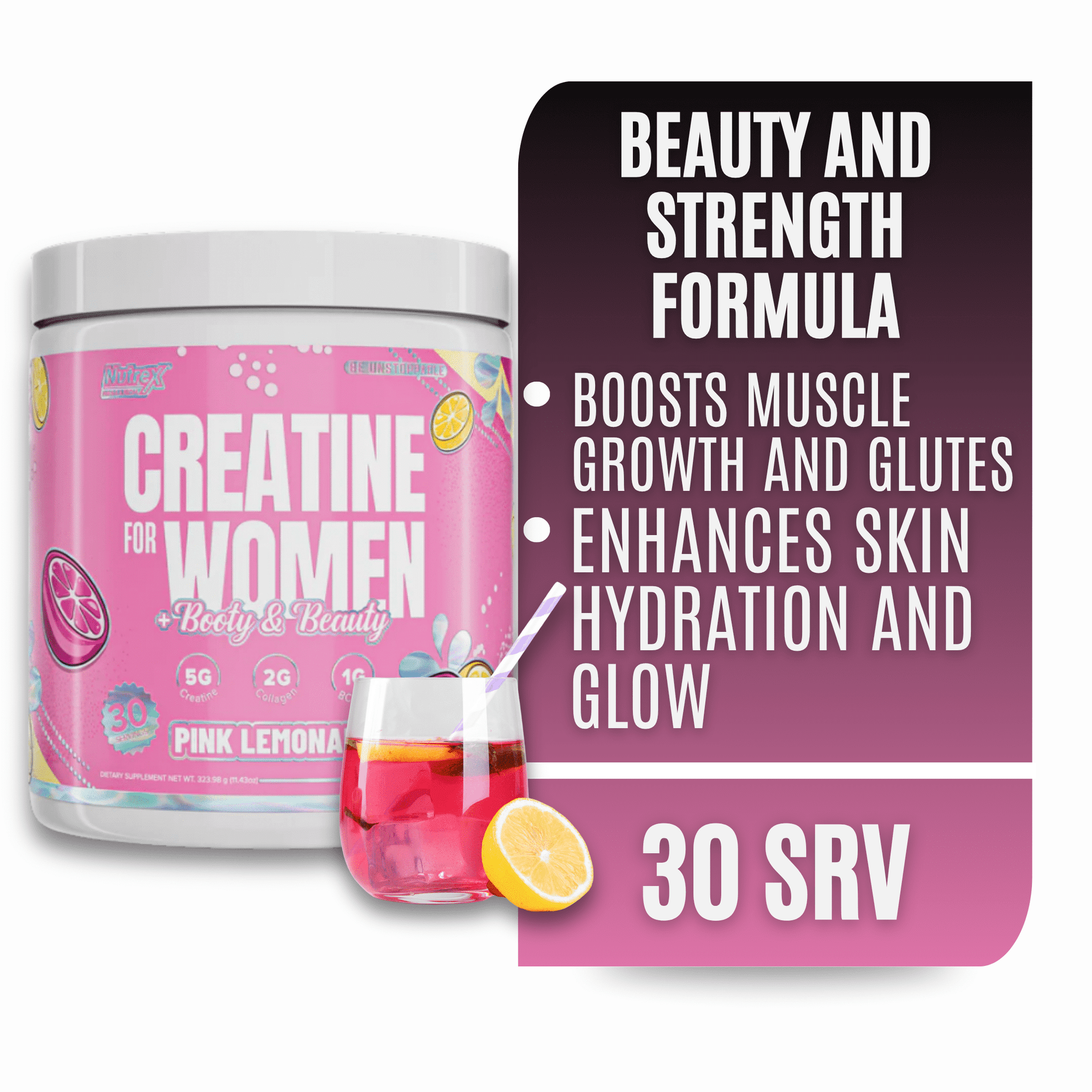 Creatine for Women Booty & Beauty – Pink Lemonade | 5g Creatine, 2g Collagen, BCAAs & Hyaluronic Acid for Glutes, Strength & Skin Nutrex Research 30 Servings)