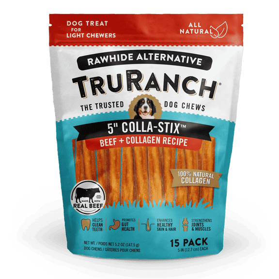 TRURANCH Collagen Sticks - 5" Collagen Sticks for Dogs - Long Lasting Healthy Joint Support Dog Treat - Rawhide Alternative - Skin & Coat Health - Made with Real Beef, 1 Bag, 15 Count