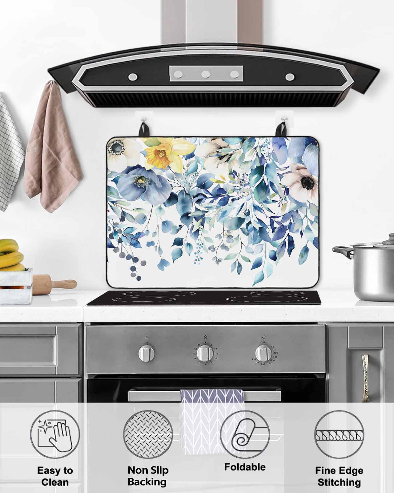 Large Induction Cooktop Protector Mat Teal Blue Eucalyptus Stove Top Covers for Electric Stove, Spring Garden Floral Leaves Botanical Decorative Stove Burner Cover Mats, Glass Top Stove Cover