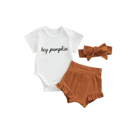

Amuver Newborn Girl 3Pcs Outfits Short Sleeve Letter Print Round Neck Romper + Solid Color Ruffled Trim Shorts + Decorative Hairband