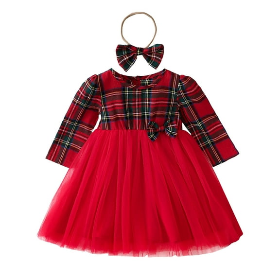 Bagilaanoe Toddler Baby Girl Christmas Dress Plaid Ruffle Long Sleeve A-line Princess Dresses   Headband 6M 12M 18M 24M 3T 4T Kid Fall Patchwork Tulle Skirt
