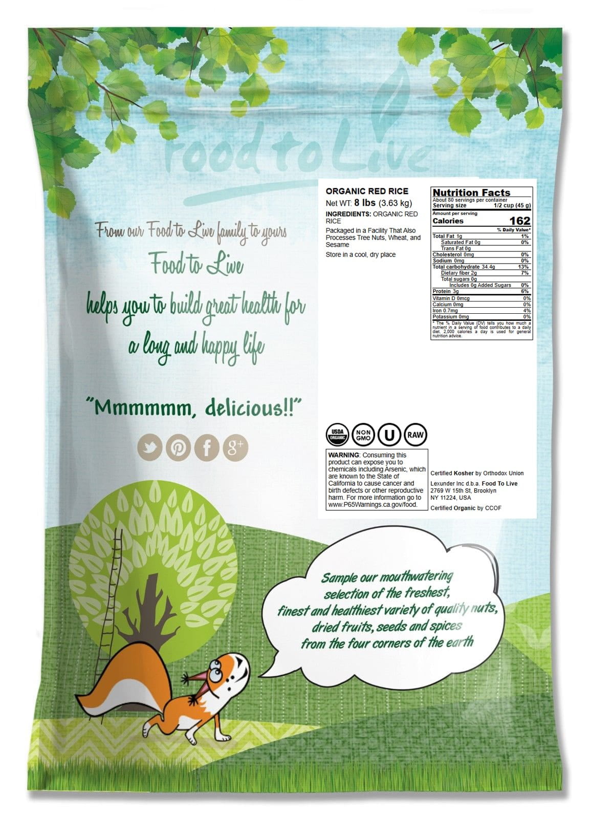 Organic Red Rice, 8 Pounds — Non-GMO, Raw, Vegan, Kosher — by Food to Live
