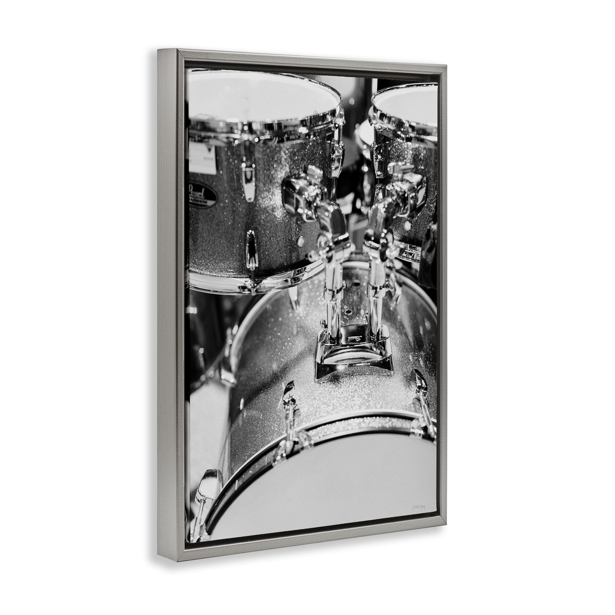 Stupell Industries Drum Set Black & White Entertainment Painting Gray Floater Framed Canvas Art Print Wall Art, 17 x 25