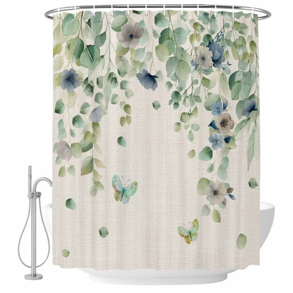 66x72 Inch Shower Curtains for Bathroom, Sage Green Eucalyptus Fabric Bath Curtain Decor, Weeping Botanical Leaves Linen Waterproof Restroom Curtains Shower Set Accessories with 12 Hooks 66 Inch