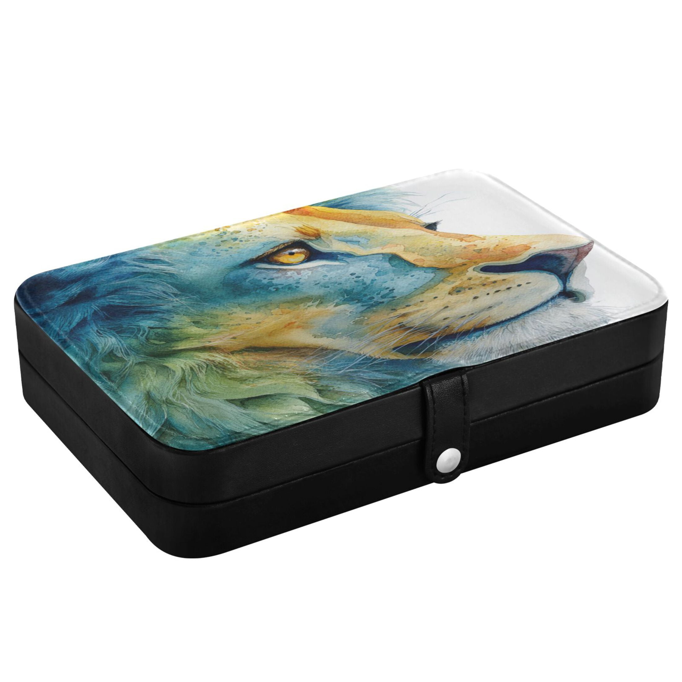 Leather Jewelry Box Rectangular 8.27x5.5x1.78In Travel Jewelry Storage Earrings Necklace Bracelet Watch Brooch Storage Watercolor Blue Lion