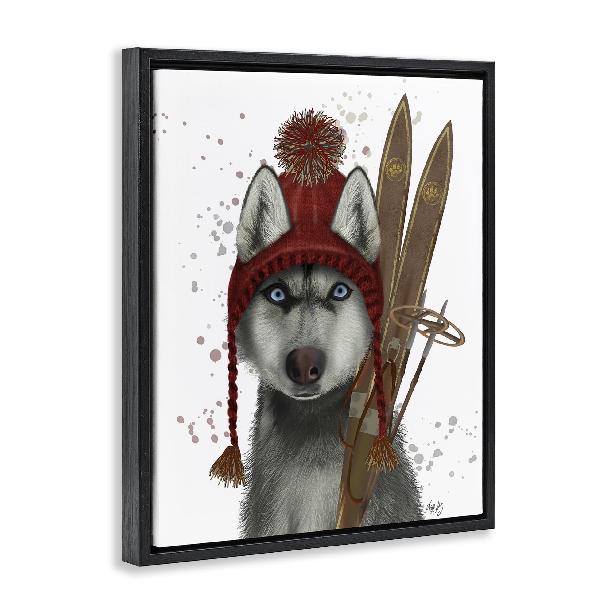 Stupell Industries Husky with Winter Skis Animals & Insects Painting Black Floater Framed Canvas Art Prints Wall Art, 17 x 21