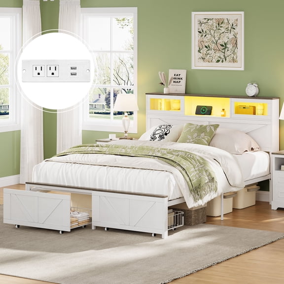 Queen Bed Frame with Headboard, Bed Frame Queen Size with Charging Station, LED Beds with 2 Storage Drawers, Wood Farmhouse Bedframe Queen-Size, Noise-Free and No Box Spring Needed
