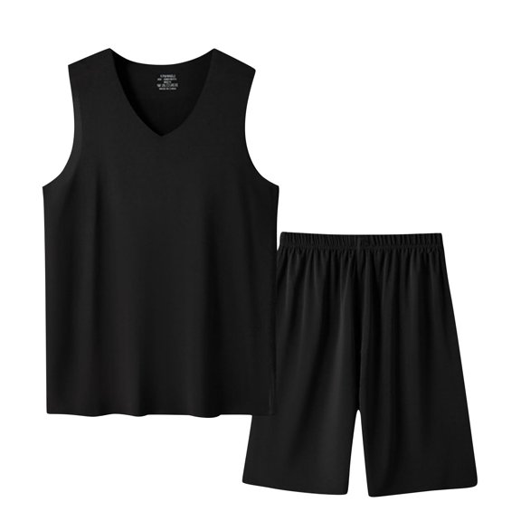 Oplxuo Men's Workout 2 Piece Outfits V Neck Sleeveless Pullover Loose Tank Top with Shorts Summer Pajamas Tracksuit Sets