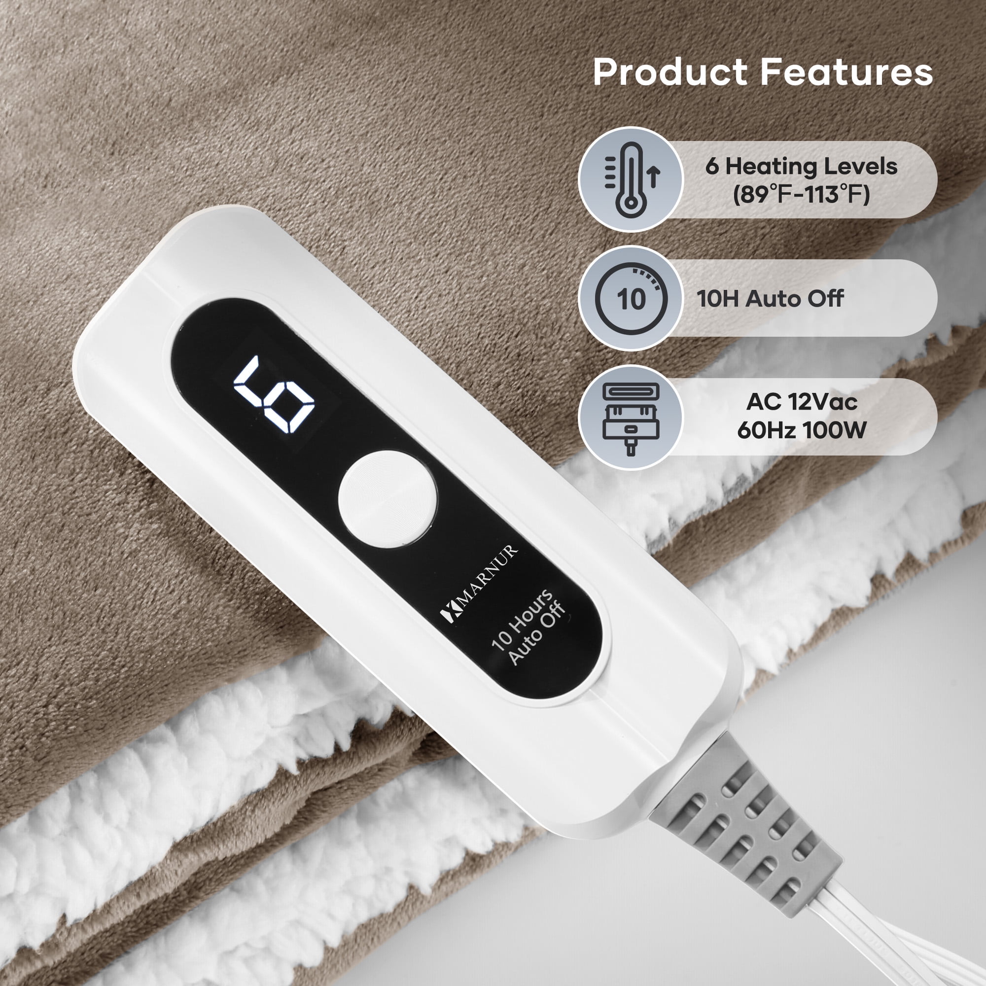 MARNUR Heated Blanket Full Size 72" x 84", Flannel & Shu Velvet Electric Blanket with Fast Heating, 6 Heating Levels, 10 Hours Timer, Linen
