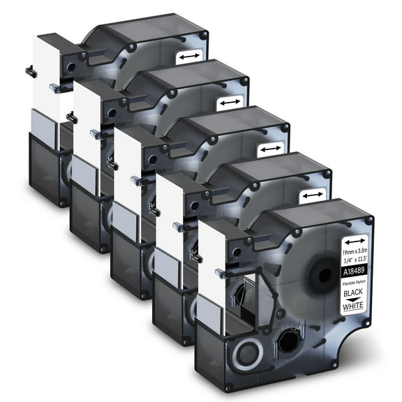 GREENCYCLE 5PK Industrial Flexible Nylon Label Tape Compatible for Dymo 18489 Black on White Rhino 4200 5000 5200 6000 3M PL300 Label Printer (3/4" 19mm x 11.5ft 3.5m)