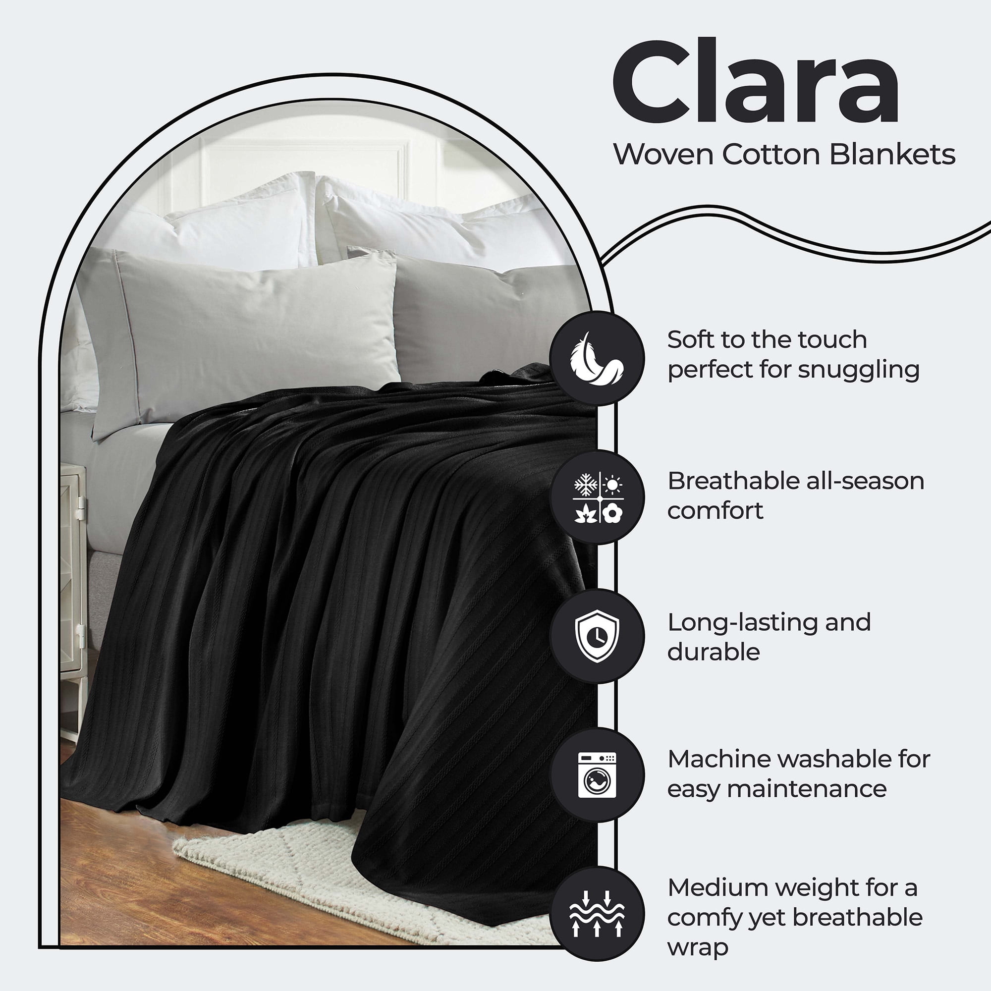 Superior Clara Cotton Striped Woven Blanket, Full Queen, Black