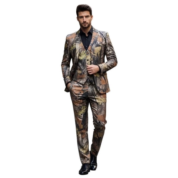 Men's 3 Piece 2 Button Camouflage Suit Modern Slim Fit Blazer, Vest, Pants Set for Stylish Outdoor and Formal Occasions