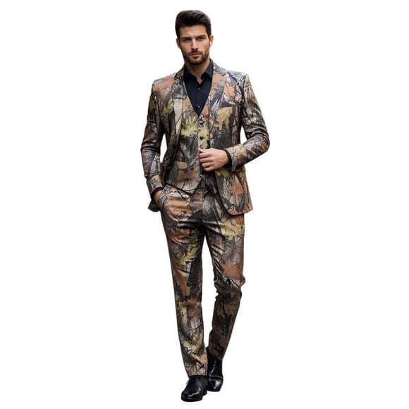 Ensemble Camouflage pour Homme 3 Pcs à 2 Boutons, Blazer Ajusté Moderne, Gilet, Pantalon, pour Occasions Stylées en Plein Air et Formelles