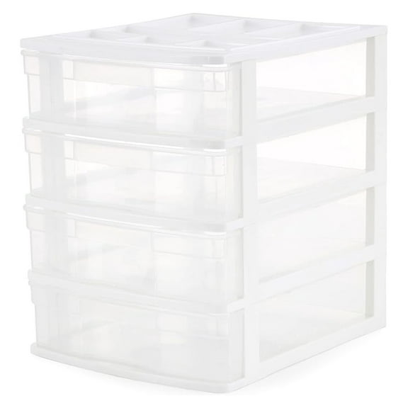 4-Drawer Desk Organizer, White/Clear Plastic Storage Drawers - Office & Home Desktop Organizer for Supplies, Makeup, Accessories - 12" x 10" x 12.75"