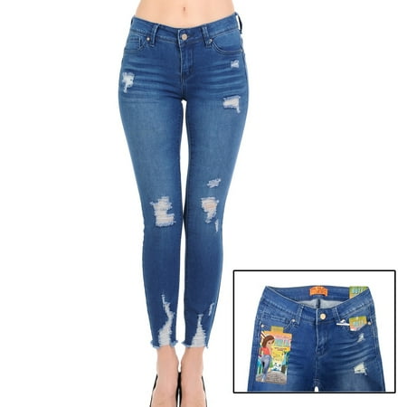 Raw Denim - Juniors' Ripped Raw Hem Destressed Skinny Jeans