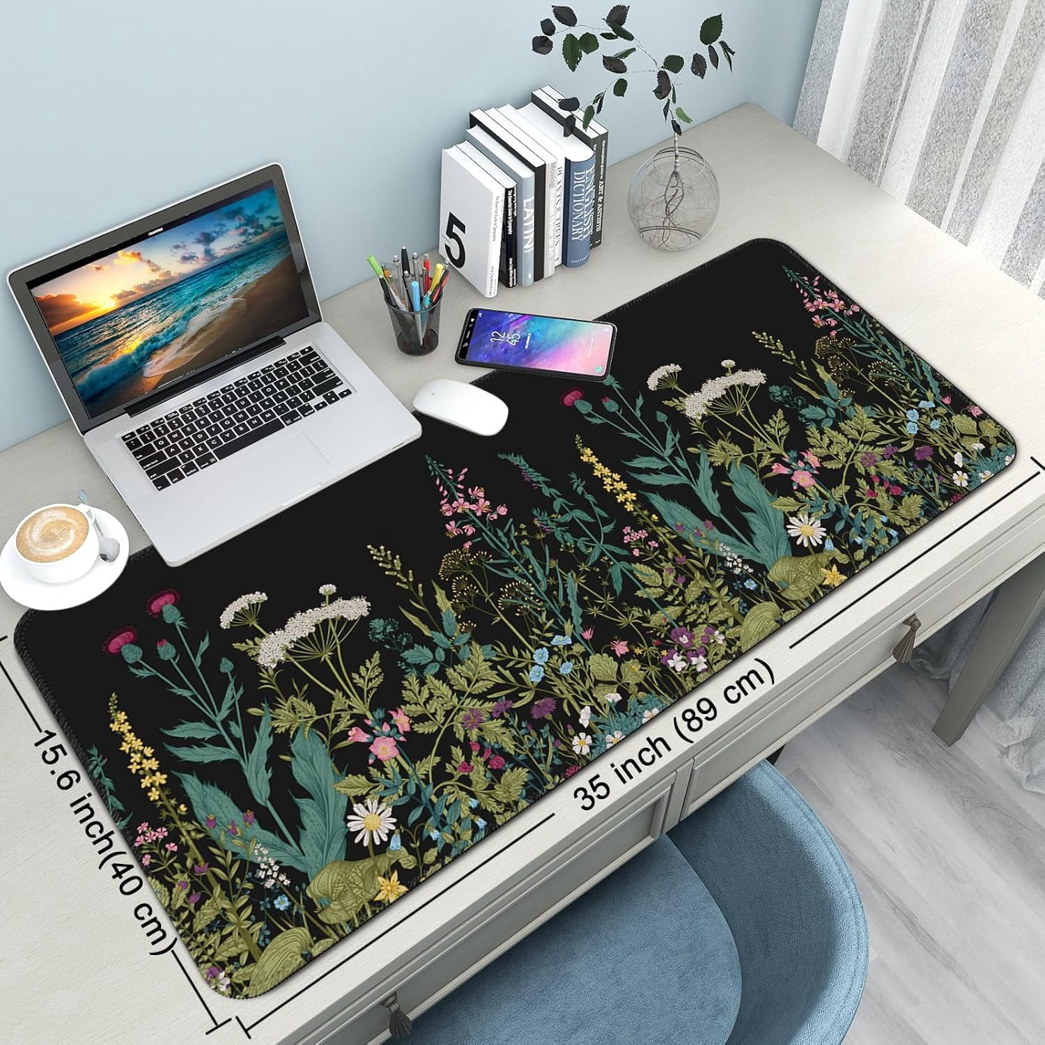 Desk Mat,Large Mouse Pad 35''×15.6'' XXL Extended Gaming Mouse Pad Mat with Non-Slip Base Stitched Eges Mousepad for Computer,Office,Keyboard and Laptop - Flowers