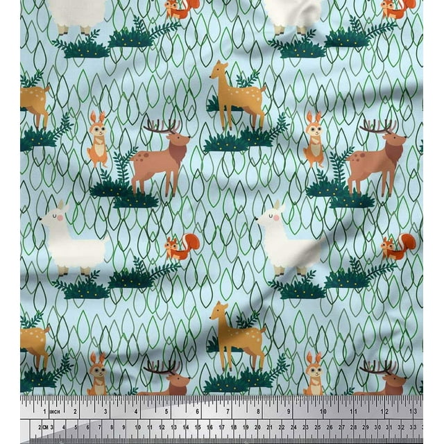 Soimoi Poly Georgette Fabric Rabbit,Sheep & Deer Kids Print Fabric by The Yard 42 Inch Wide